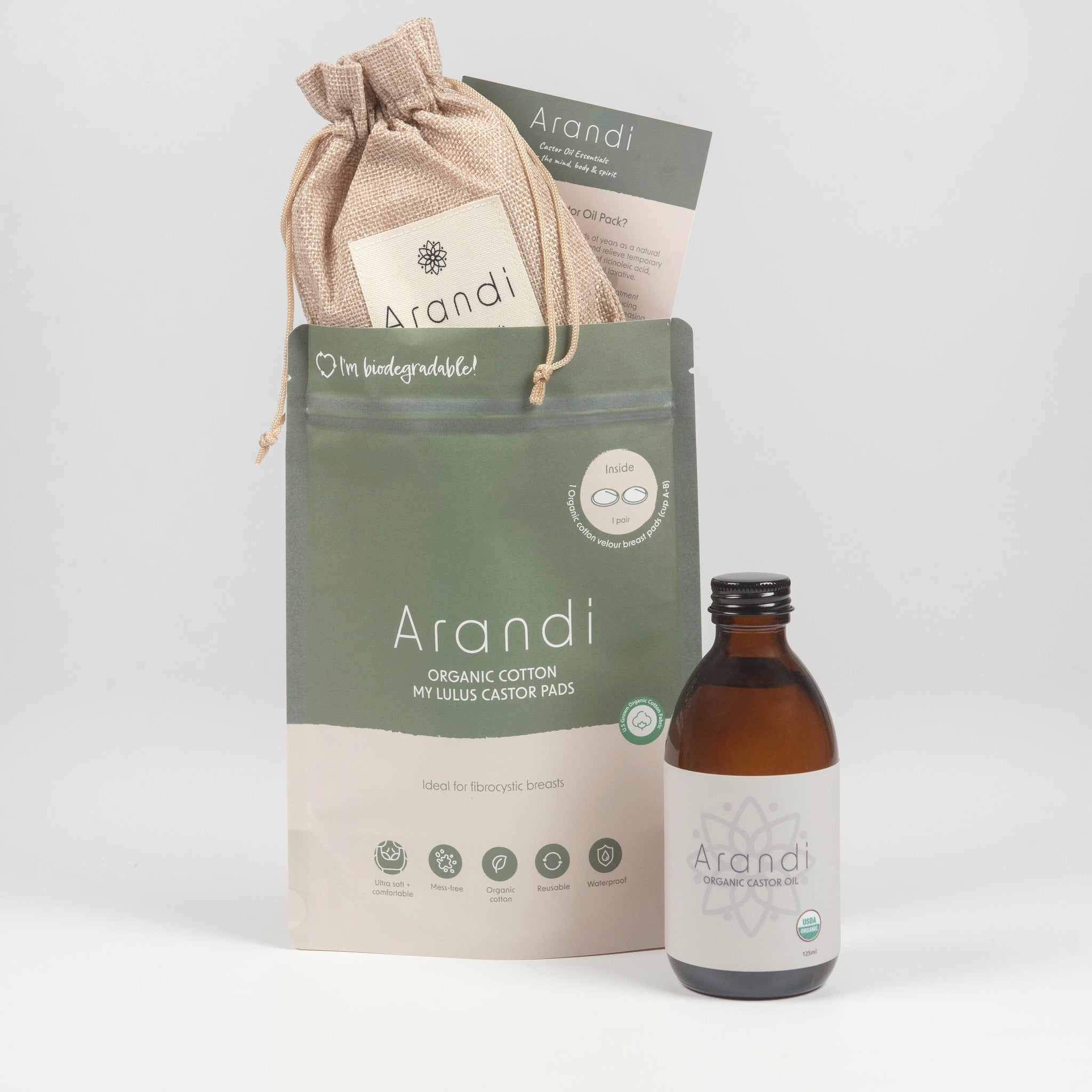 Arandi Breast Pack Bundle (Pads + 250ml Castor Oil)